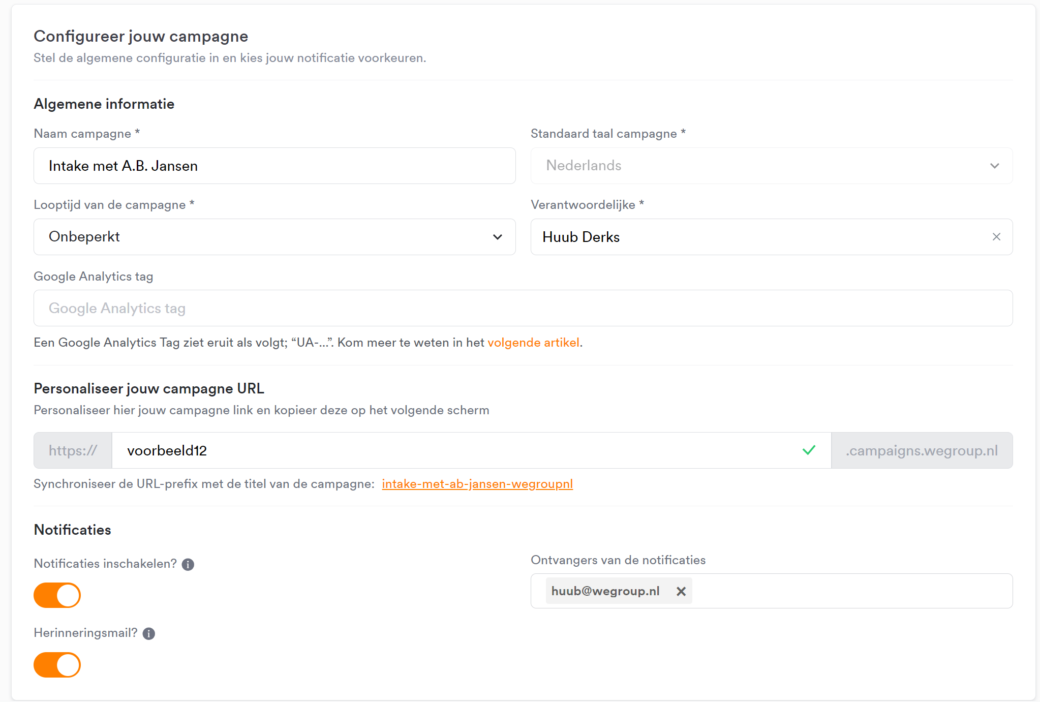 Configuratiescherm van de campagne met naam, looptijd, verantwoordelijke, link en notificaties