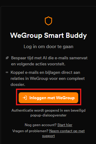 Startscherm van Smart Buddy met de knop Inloggen met WeGroup