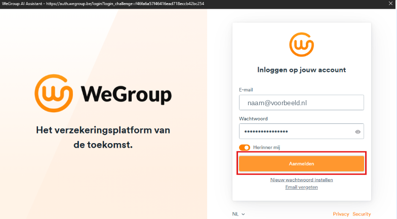 Inlogvenster met velden voor e-mail en wachtwoord