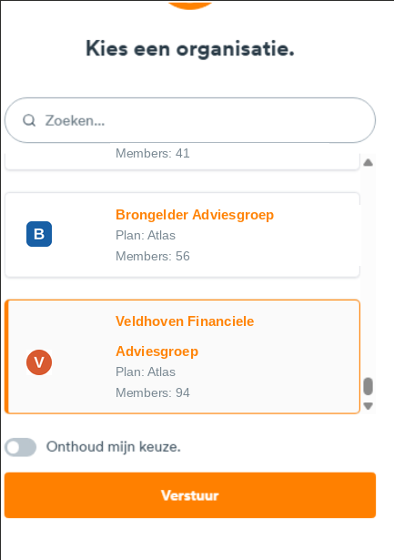Scherm Kies een organisatie met een lijst van kantoren