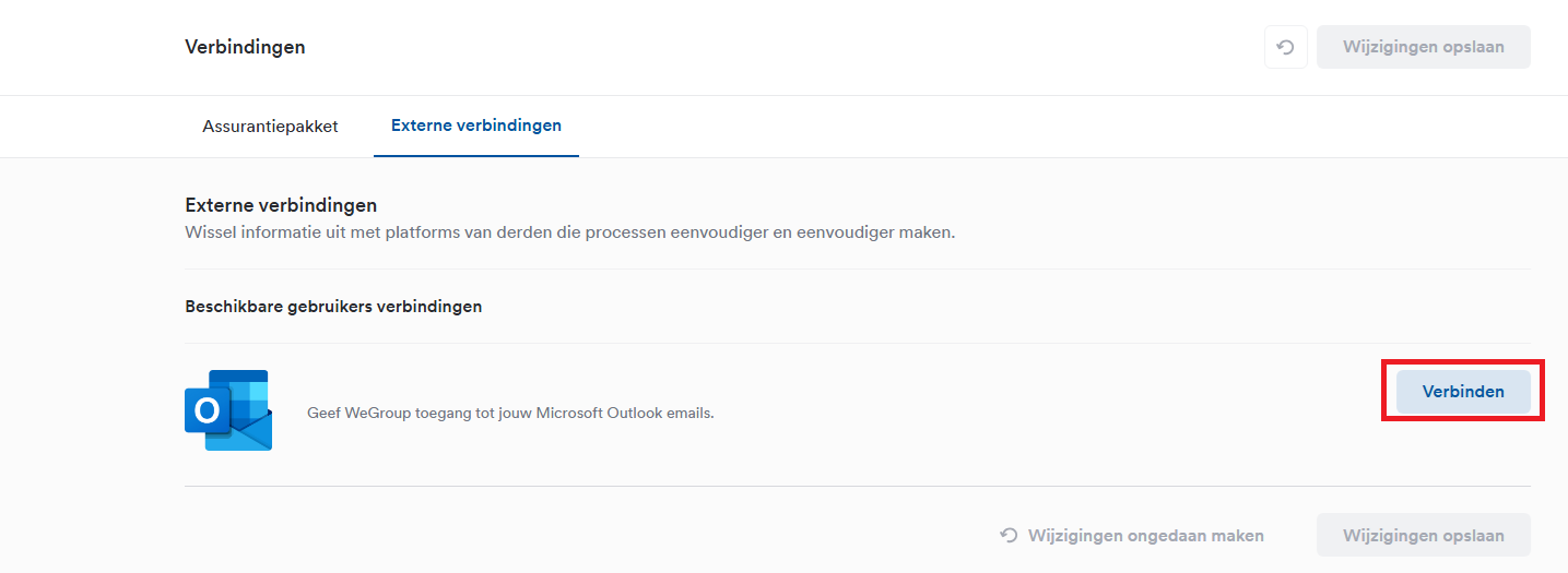 Tabblad Externe verbindingen met de knop Verbinden naast de Outlook-koppeling